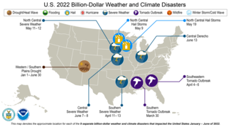 January-June 2022 U.S. Billion-Dollar Weather and Climate Disaster Map with images showing locations of 9 different billion-dollar disasters that have happened in the first 6 months of 2022.