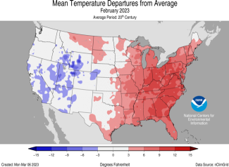 Map of the U.S. showing temperature departure from average for February 2023 with warmer areas in gradients of red and cooler areas in gradients of blue.