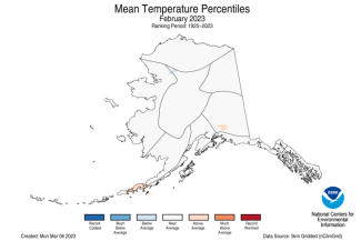 Map of the Mean Temperature Percentiles for Alaska for February 2023.