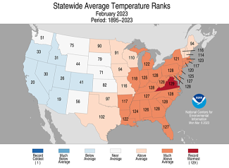 Map of the U.S. showing statewide temperature ranks for February 2023 with warmer areas in gradients of red and cooler areas in gradients of blue.