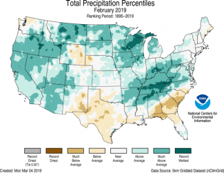 Map of February 2019 U.S. total precipitation percentiles
