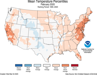 February 2020 U.S. Average Temperature Percentiles Map