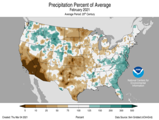 February 2021 US Precipitation Percent of Average Map