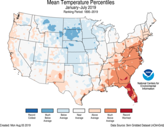 Map of January-to-July 2019 U.S. average temperature percentiles