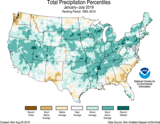 Map of January-to-July U.S. total precipitation percentiles