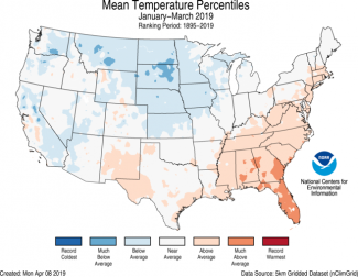 Map of U.S. average temperature percentiles for January–March 2019