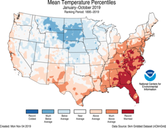 Map of January to October US Average Temperature Percentiles