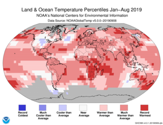 Map of global temperature percentiles for Jan-to-Aug 2019