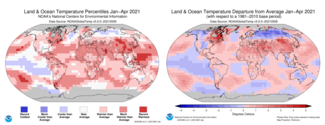 January-April 2021 Temperature Percentiles Map and Temperature Departures from Average Map