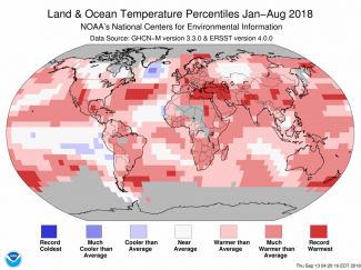 Map of global temperature percentiles for January to August 2018