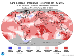 Map of global temperature percentiles for January to July 2019