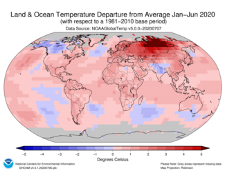 January to June 2020 Global Land and Ocean Temperature Departures from Average Map