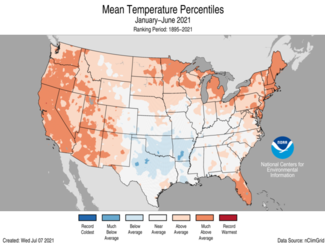 January-June 2021 US Average Temperature Percentiles Map