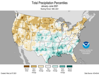 January-June 2021 US Total Precipitation Percentiles Map