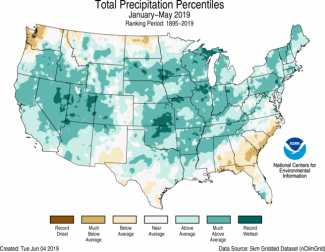 Map of January to May 2019 U.S. total precipitation percentiles