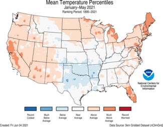Map of January-May 2021 U.S. average temperature percentiles map
