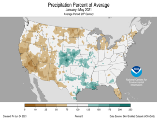 Map of January-May 2021 U.S. precipitation percent of average