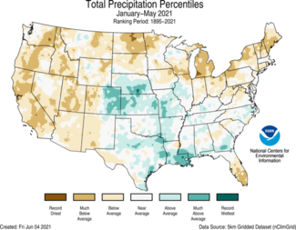 Map of January-May 2021 U.S. total precipitation percentiles