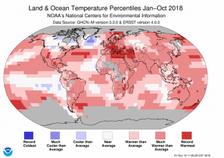 Map of January-October 2018 global temperature percentiles