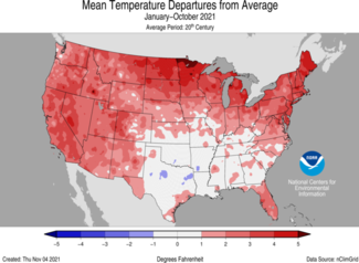 Map of U.S. mean temperature departures from average for January-October 2021