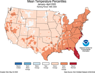 January to April 2020 US Average Temperature Percentiles Map