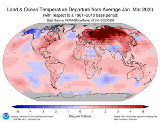 January-to-March 2020 Global Temperature Departure from Average Map