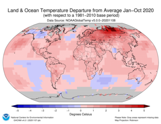 January-to-October 2020 Global Temperature Departures from Average Map