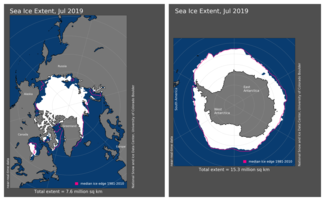 Maps of Arctic and Antarctic sea ice extent in July 2019