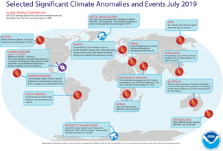 Map of global selected significant climate anomalies and events for July 2019