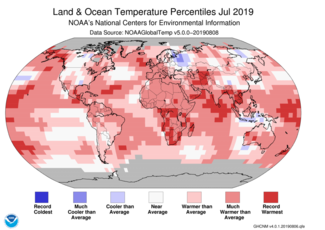 Map of global temperature percentiles for July 2019 
