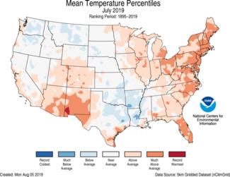Map of July 2019 U.S. average temperature percentiles