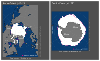 July 2021 Arctic and Antarctic sea ice extent maps