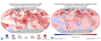 July 2021 global temperatures and temperature departures from average maps