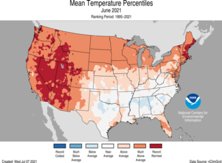 June 2021 US Average Temperature Percentiles Map