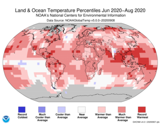 June to August 2020 Global Temperature Percentiles Map
