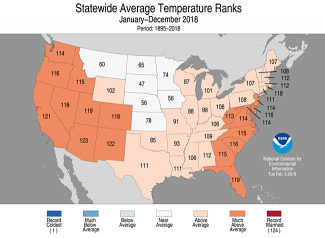 Map of U.S. statewide average temperature ranks for 2018