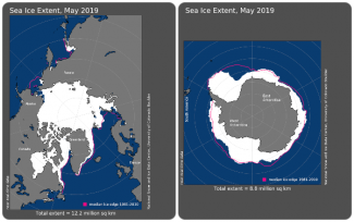 Maps of Arctic and Antarctic sea ice extent in May 2019