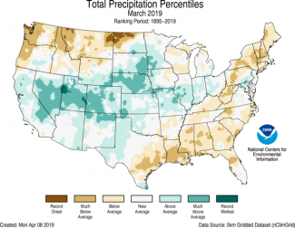 Map of U.S. total precipitation percentiles for March 2019