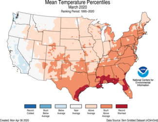 March 2020 U.S. Average Temperature Percentiles Map