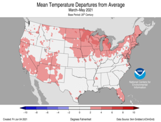 Map of March-May 2021 U.S. average temperature departures from average