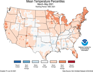 Map of March-May 2021 U.S. average temperature percentiles