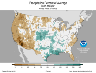 Map of March-May 2021 U.S. precipitation percent of average