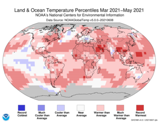 March to May 2021 Global Temperature Percentiles Map