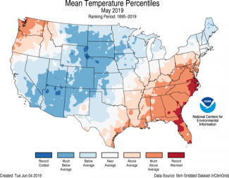 Map of May 2019 U.S. average temperature percentiles