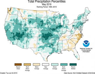 Map of May 2019 U.S. total precipitation percentiles