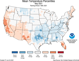 Map of May 2021 U.S. average temperature percentiles