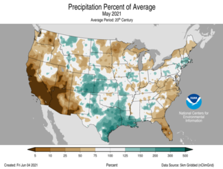 Map of May 2021 U.S. precipitation percent of average