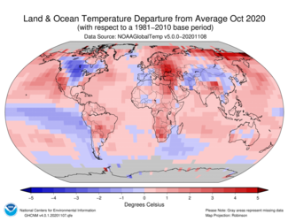 October 2020 Global Temperature Departures from Average Map