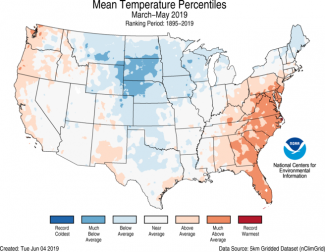 Map of March to May 2019 U.S. average temperature percentiles