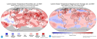 January-July 2021 global temperature and temperature departures from average maps